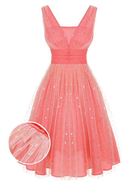 Coral Pink 1950s V Neck Sequin Dress Retro Stage