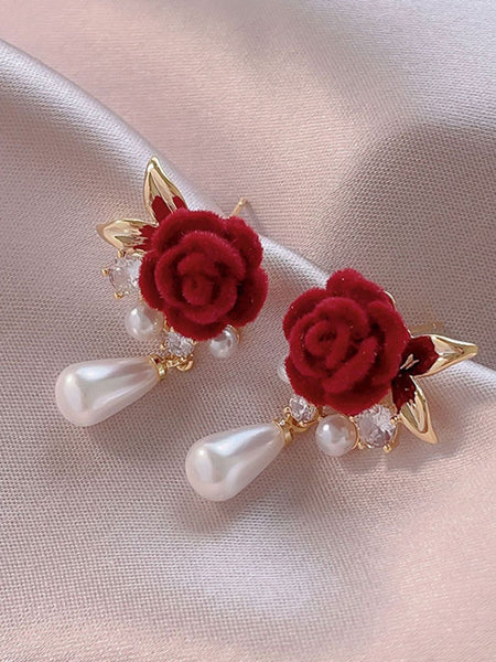 Rose Pearl Pendant Bow Stud Earrings | Retro Stage