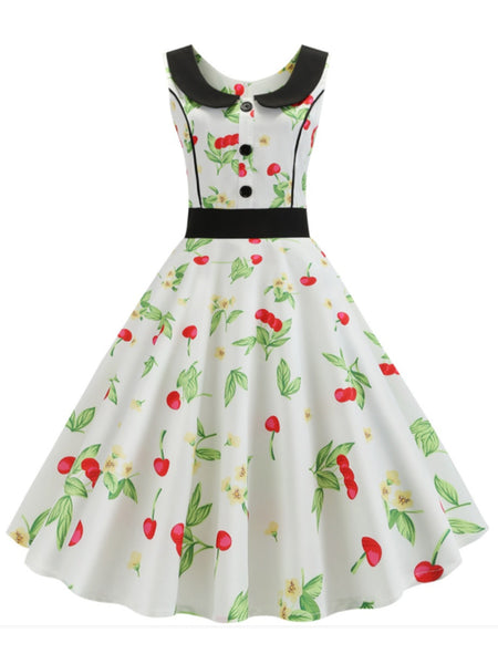 1950s Cherry Buttoned Sleeveless Dress Retro Stage