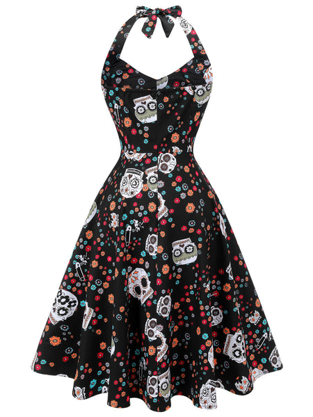 1950s Black Skull Floral Halter Dress | Retro Stage