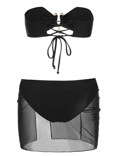 Black 1950s Solid Bikini Set With Skirt Retro Stage