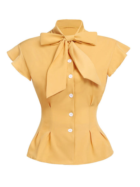 Yellow 1950s Bow Solid Blouse Top Retro Stage