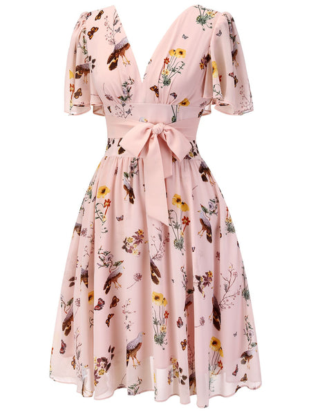 [Pre-Sale] Pink Flowers And Birds Bowknot V-Neck Dress