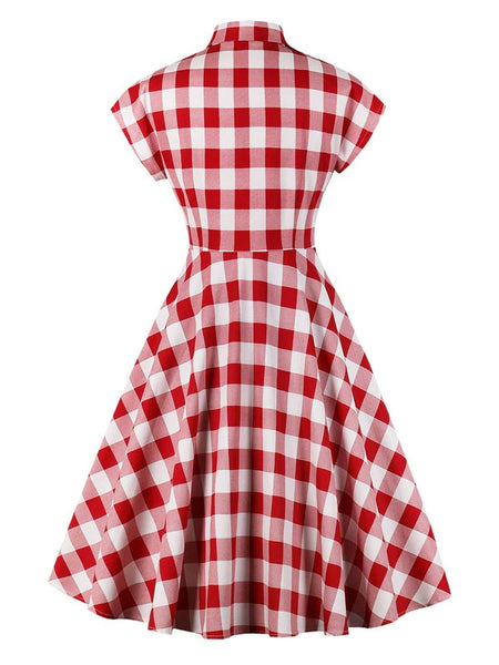 Red White 1950s Pockets Plaid Dress Retro Stage