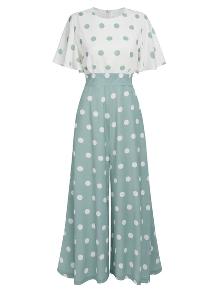 1930s Green White Splicing Polka Dot Jumpsuit Retro Stage