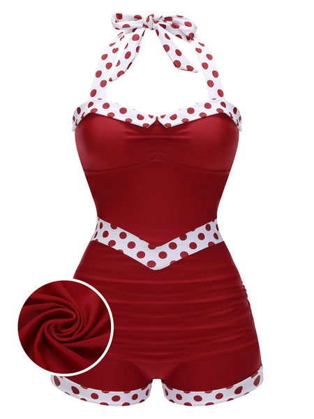 Women Plus Size Sexy Red Halter Cherry Vintage One Piece Swimsuit