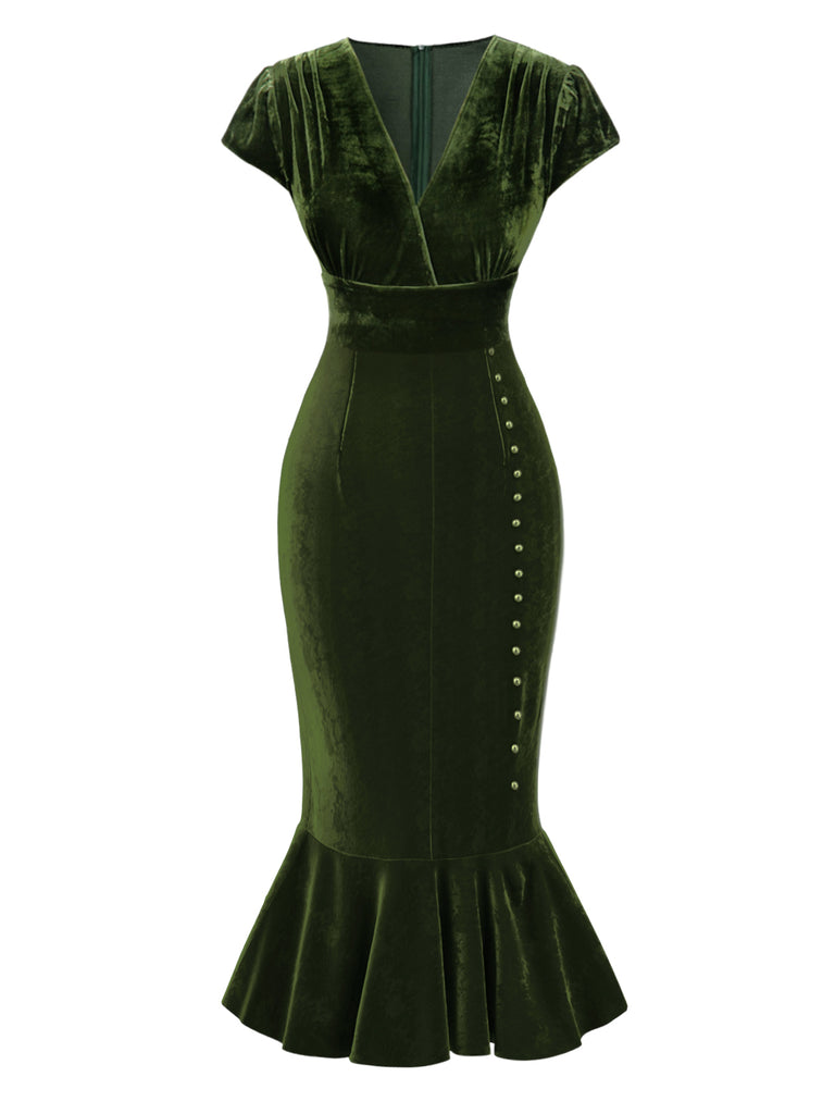 [Pre-Sale] Green 1930s Button V-Neck Velvet Fishtail Dress