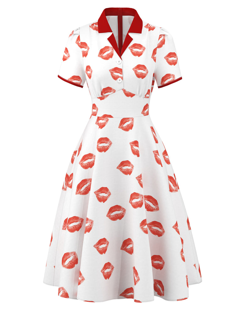 [Pre-Sale] 1940s Red Lips Print Button Lapel Dress