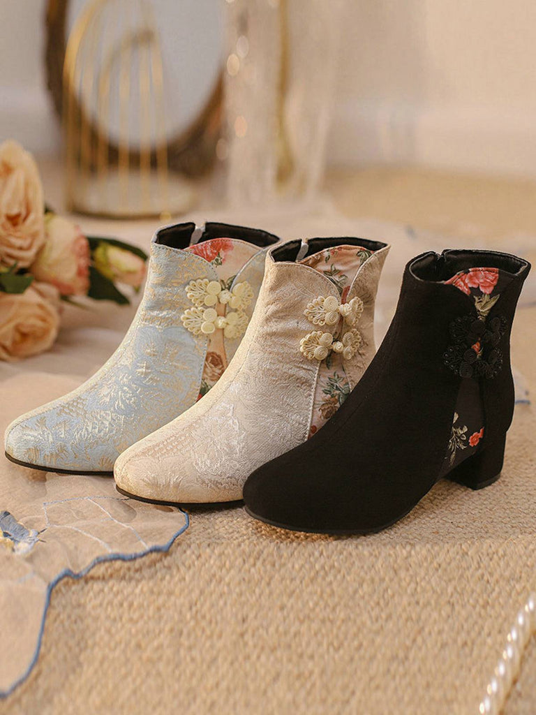 Retro Leather Medium Heel Floral Boots