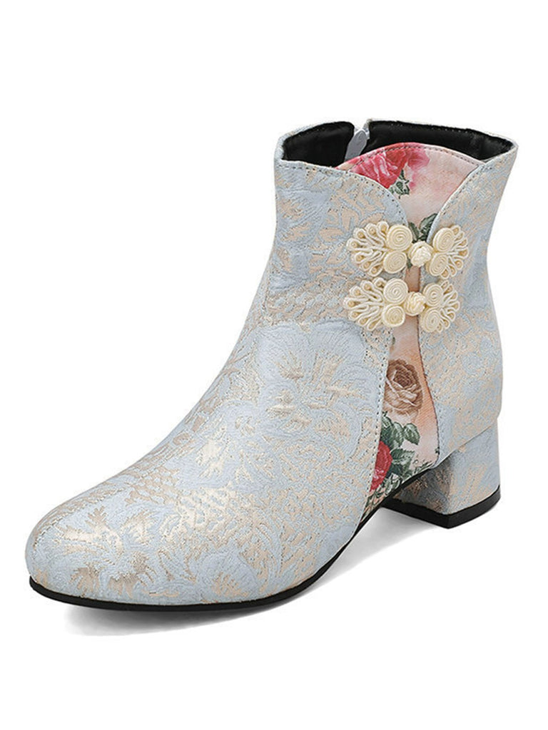 Retro Leather Medium Heel Floral Boots