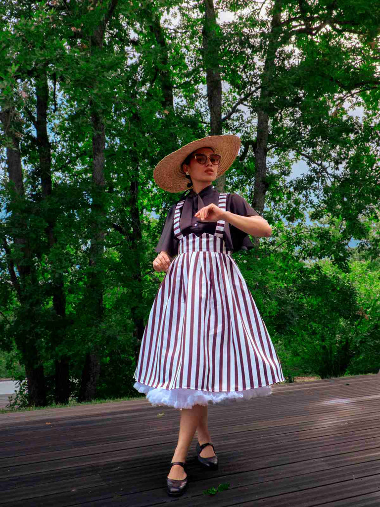 2PCS 1950s Black Solid Blouse & Suspender Skirt