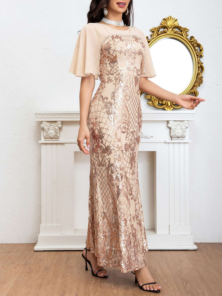 Beige 1920s Beaded Sequined Bat Sleeve Evening Dress