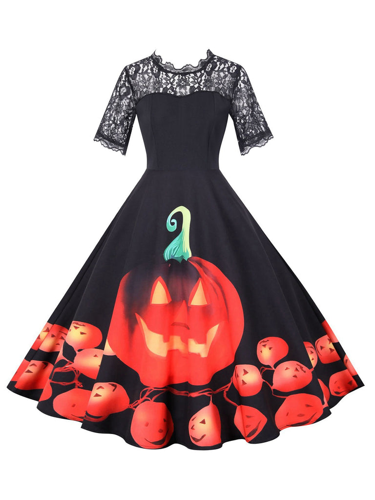 Black 1950s Halloween Lace Sleeves Patchwork Dress