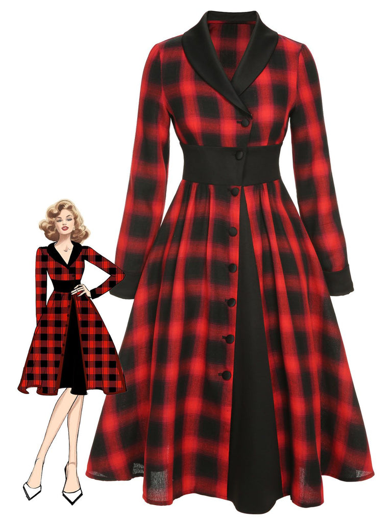 Black&Red 1950s Gingham Plaid Button Lapel Dress