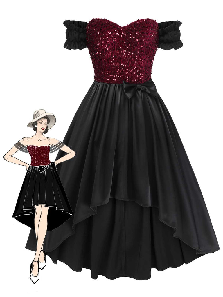 [Pre-Sale] Black 1950s Off-Shoulder Glitter Bow Decor Dress