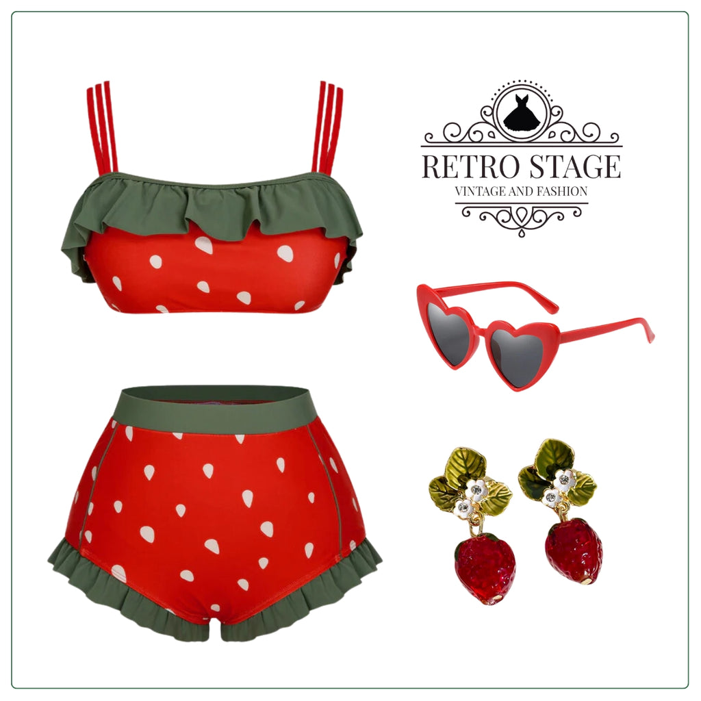 Red 1950s Strawberry Ruffle Strap Swimsuit