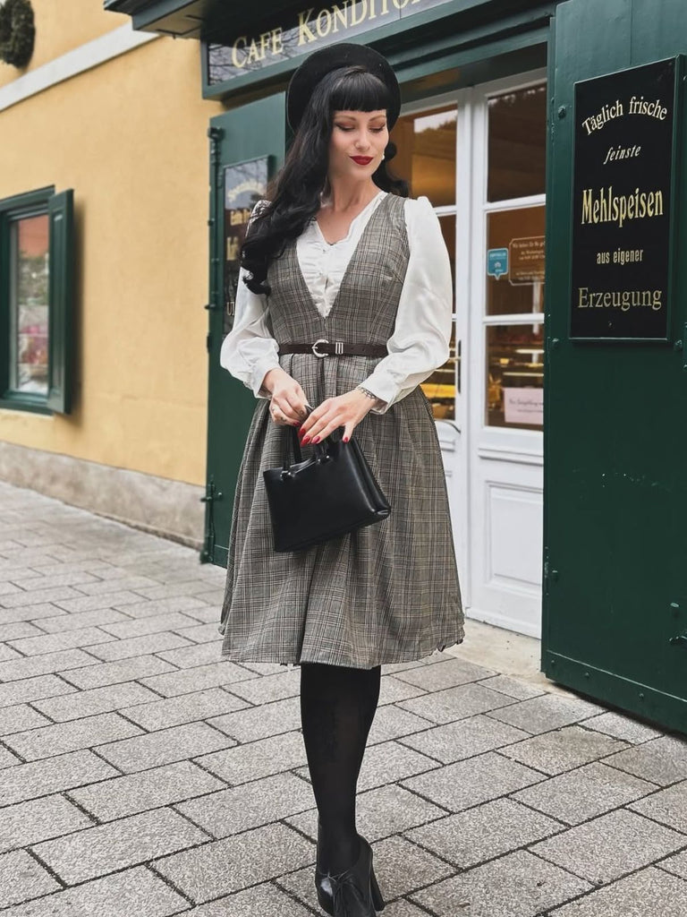 2PCS Grey 1940s V-Neck Plaid Dress & Satin Blouse