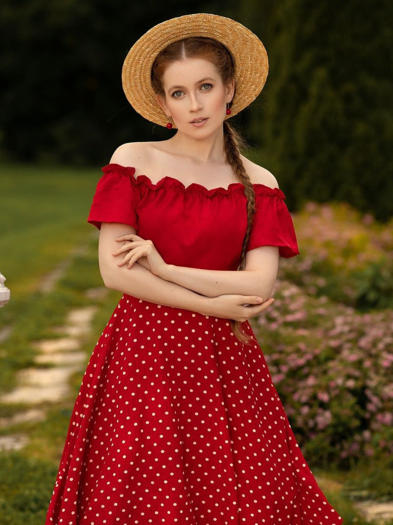 Red 1950s Off-Shoulder Polka Dots Belted Dress