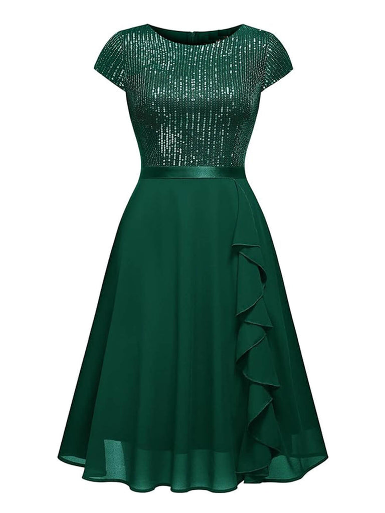 1940s Sequin Chiffon Ruffle Trim Swing Dress