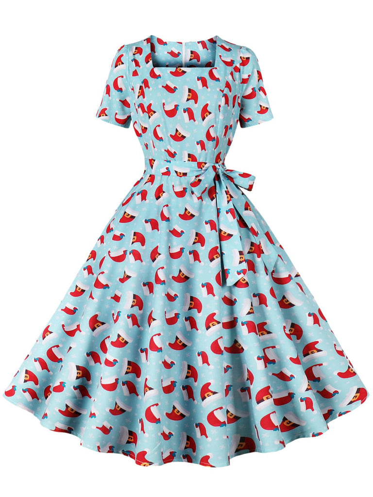 1950s Christmas Santa & Elk Print Swing Dress