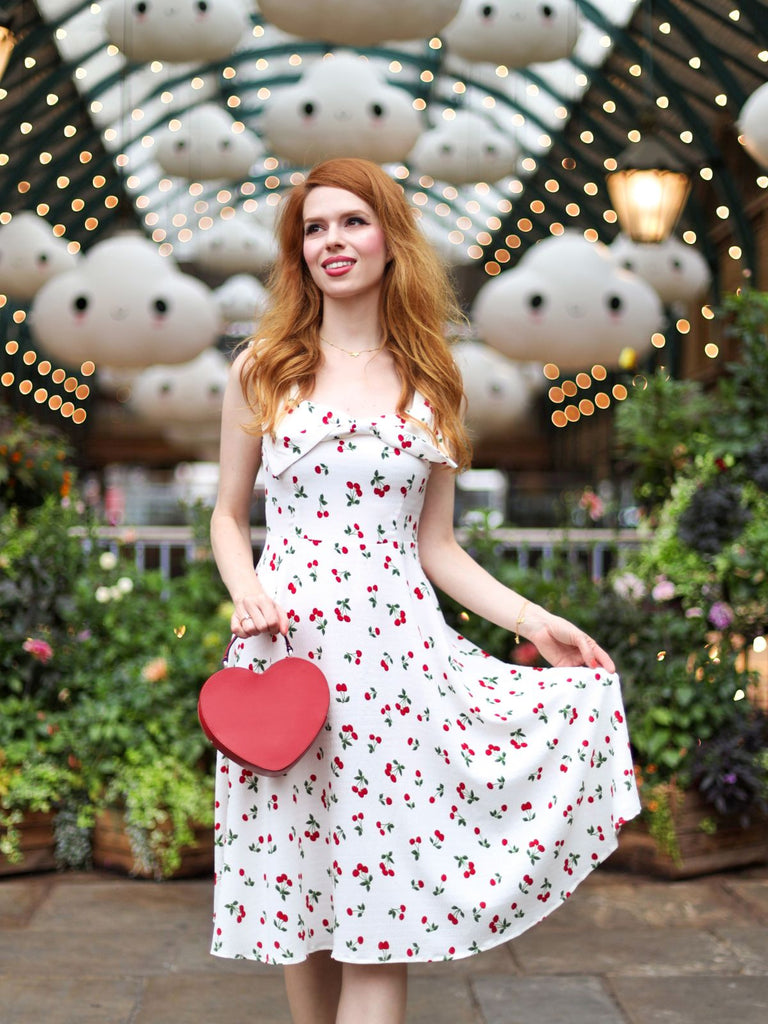 White 1950s Cherry Bow Sweetheart Neck Dress