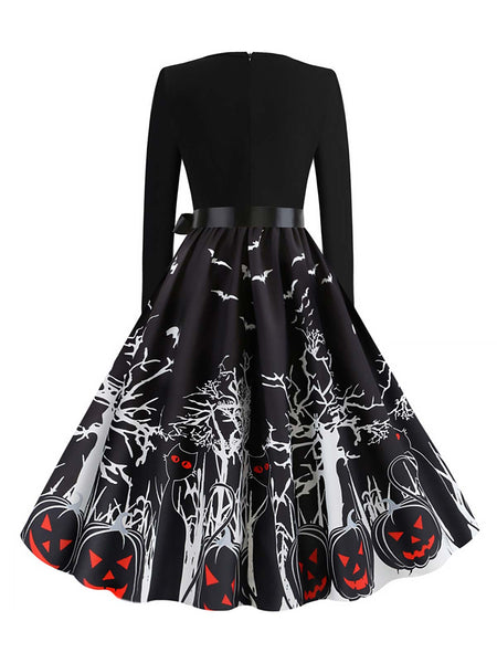 Black 1950s Halloween Pumpkin Long Sleeve Dress | Retro Stage