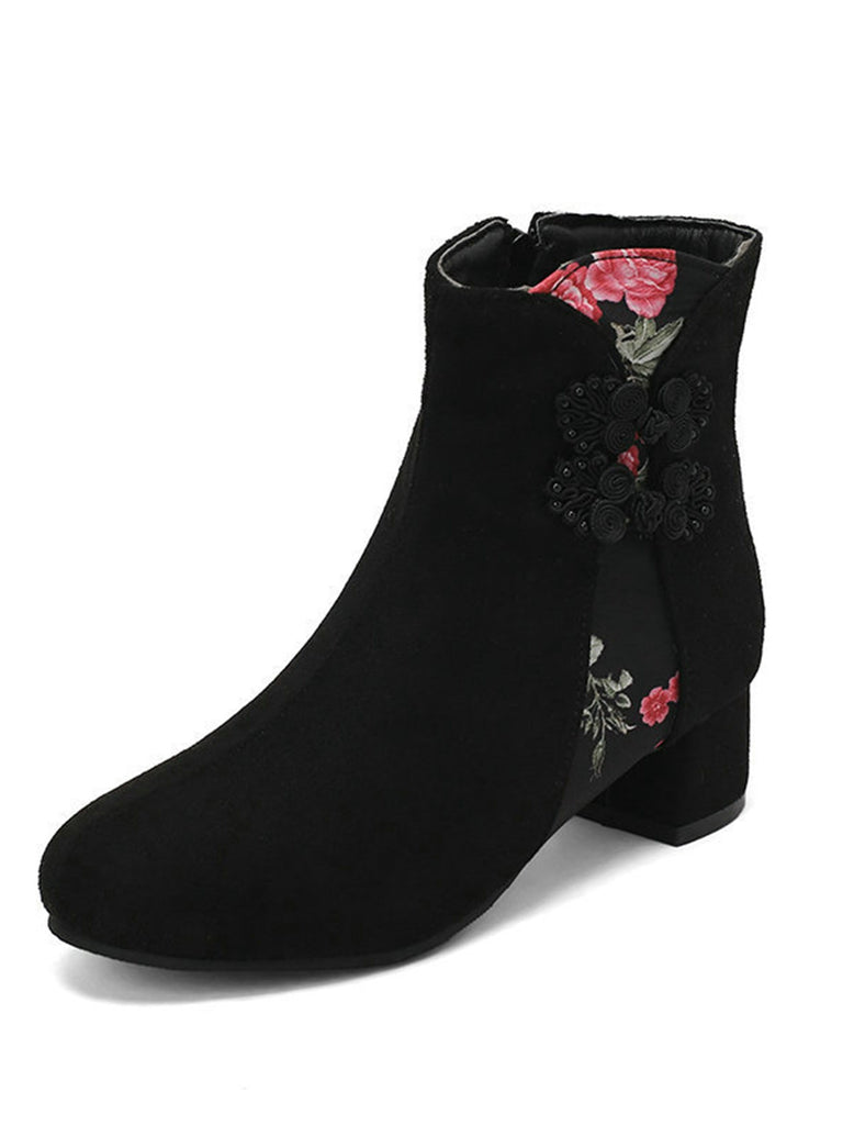 Retro Leather Medium Heel Floral Boots