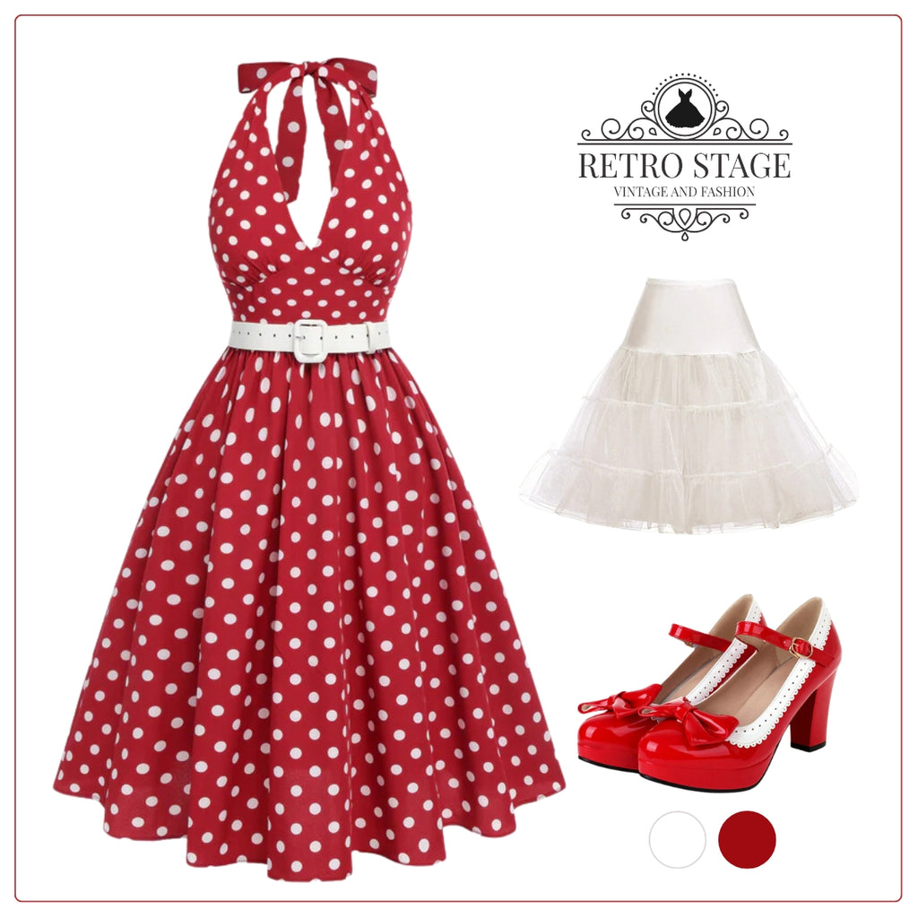 Red 1950s Polka Dot Halter Dress