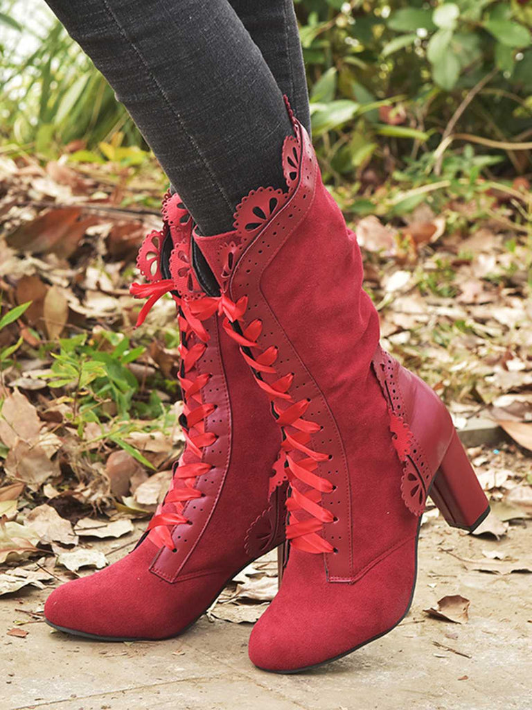 Leather Petal Edge Lace-Up Mid-Calf Boots