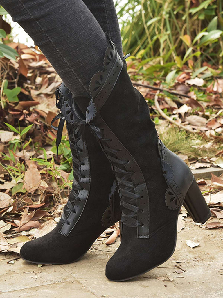 Leather Petal Edge Lace-Up Mid-Calf Boots