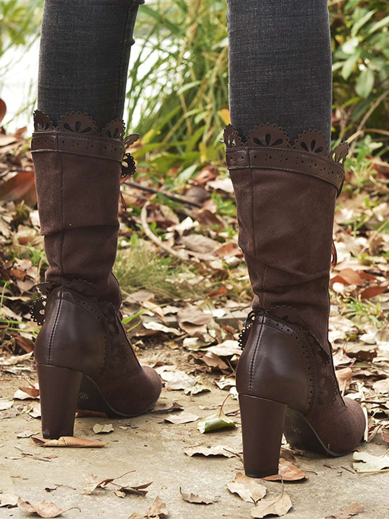 Leather Petal Edge Lace-Up Mid-Calf Boots