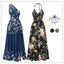 Blue 1940s One-Shoulder Plants Slit Dress