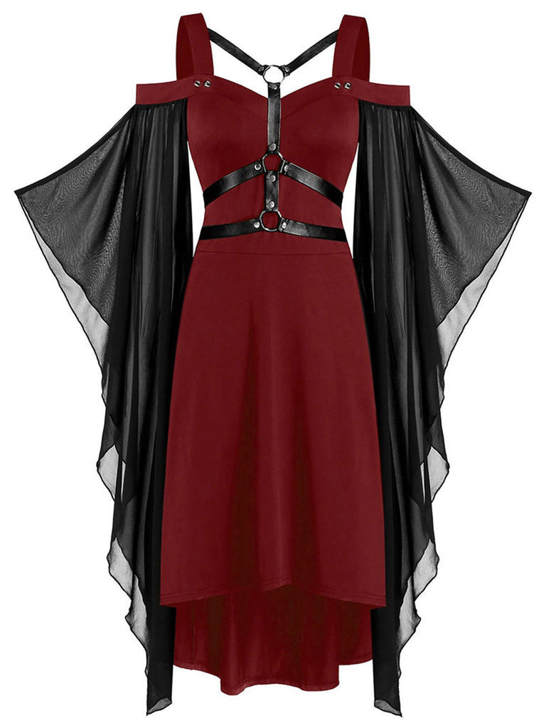 Wine Red 1970s Gothic Patchwork Flare Sleeve Dress