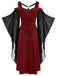 Wine Red 1970s Gothic Patchwork Flare Sleeve Dress