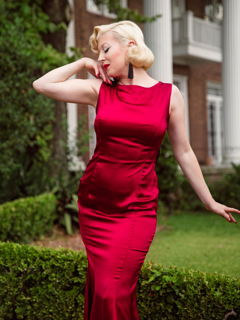 Deep Red 1930s Solid Bow Decor Fishtail Dress