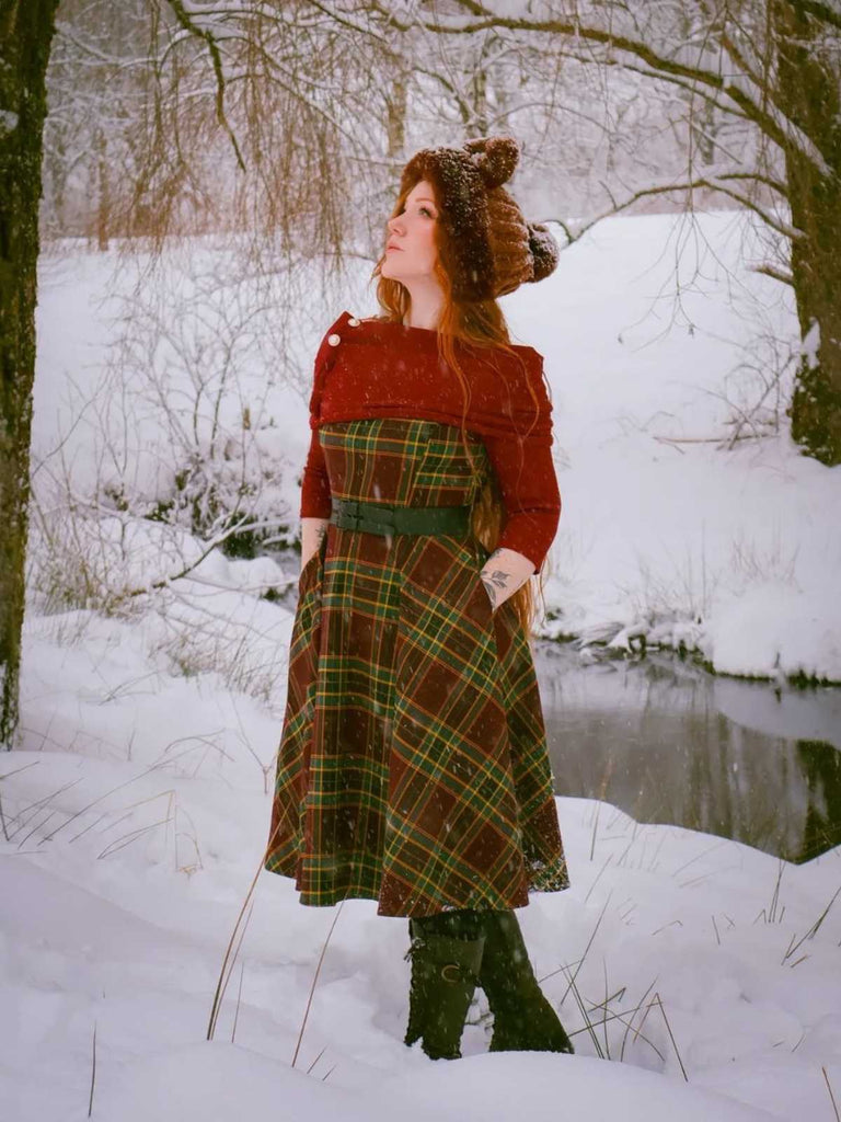 Wine Red 1950s Plaids Off-Shoulder Dress