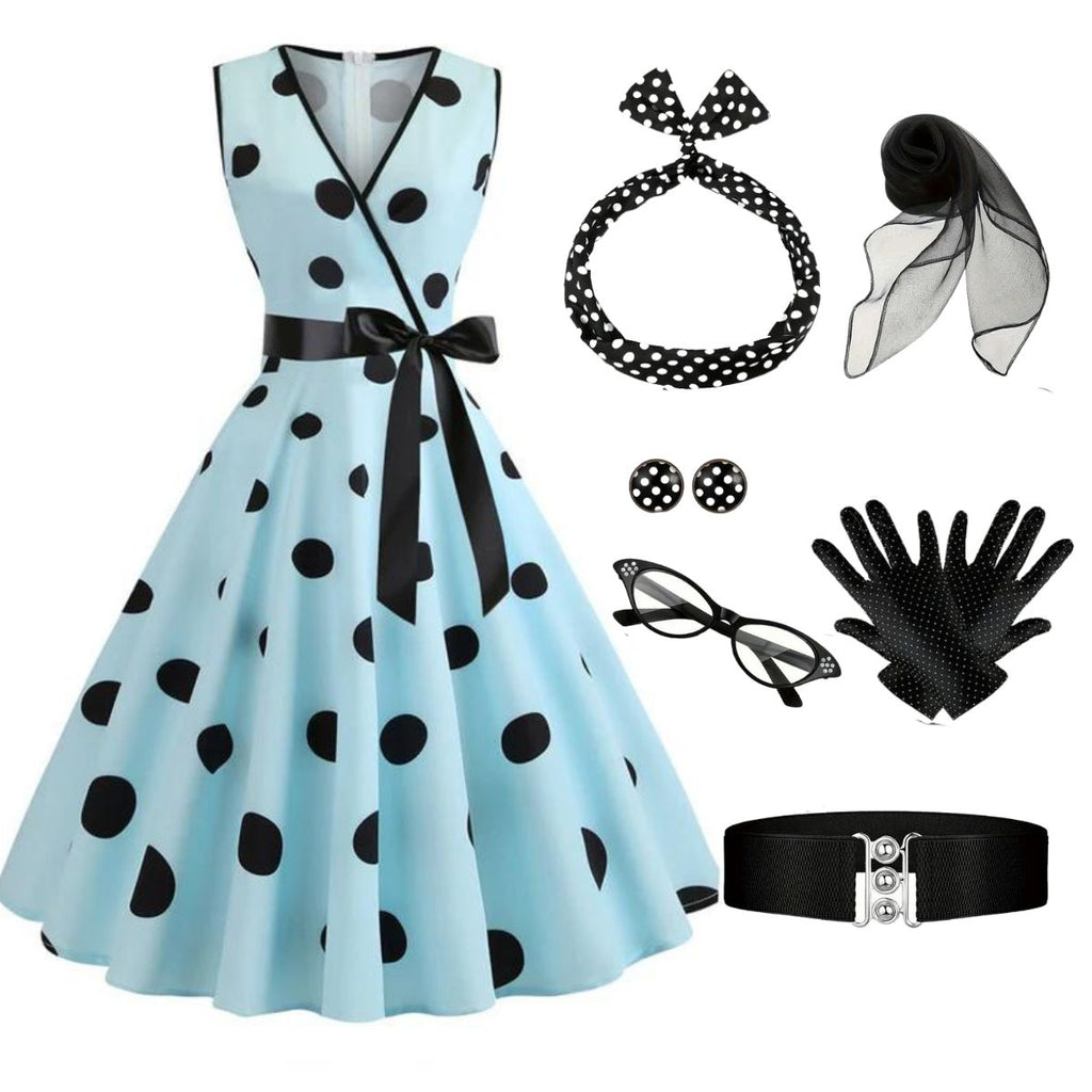 1950s Bow Polka Dot Swing Dress With Accessories Set