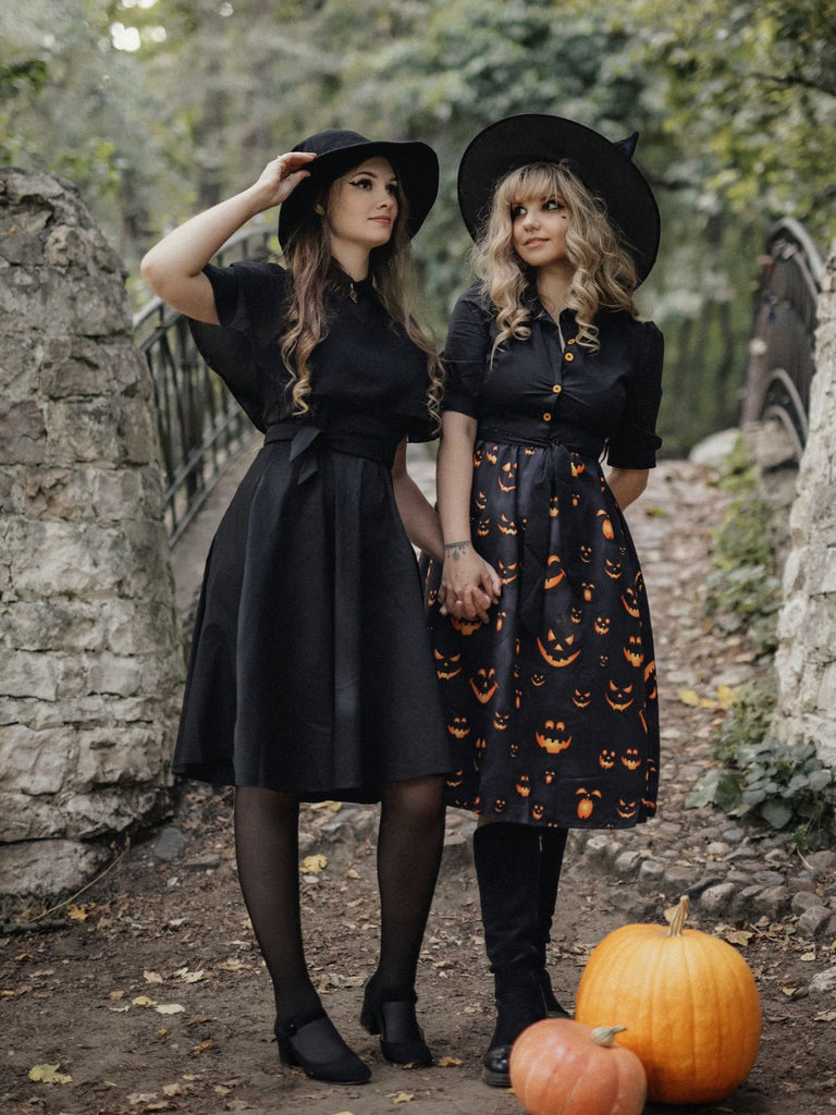 Black 1940s Halloween Lapel Pumpkin Belted Dress