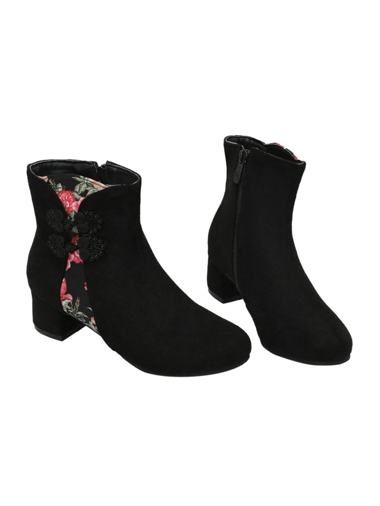 Retro Leather Medium Heel Floral Boots