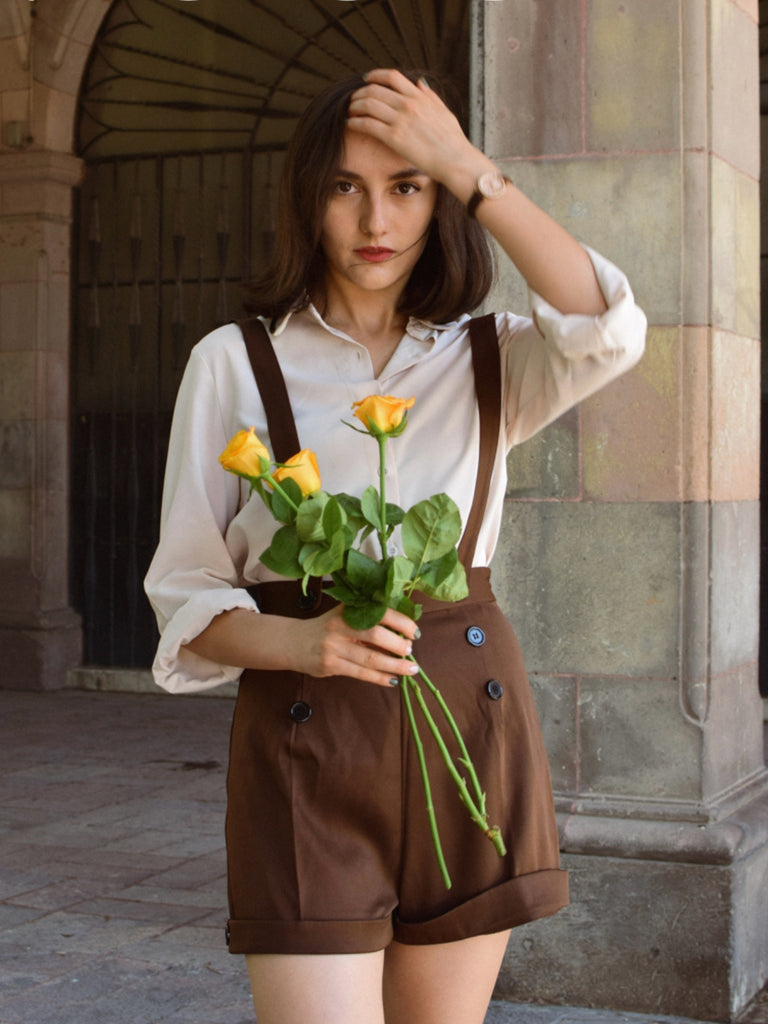 Deep Brown 1940s Buttons Overalls Shorts