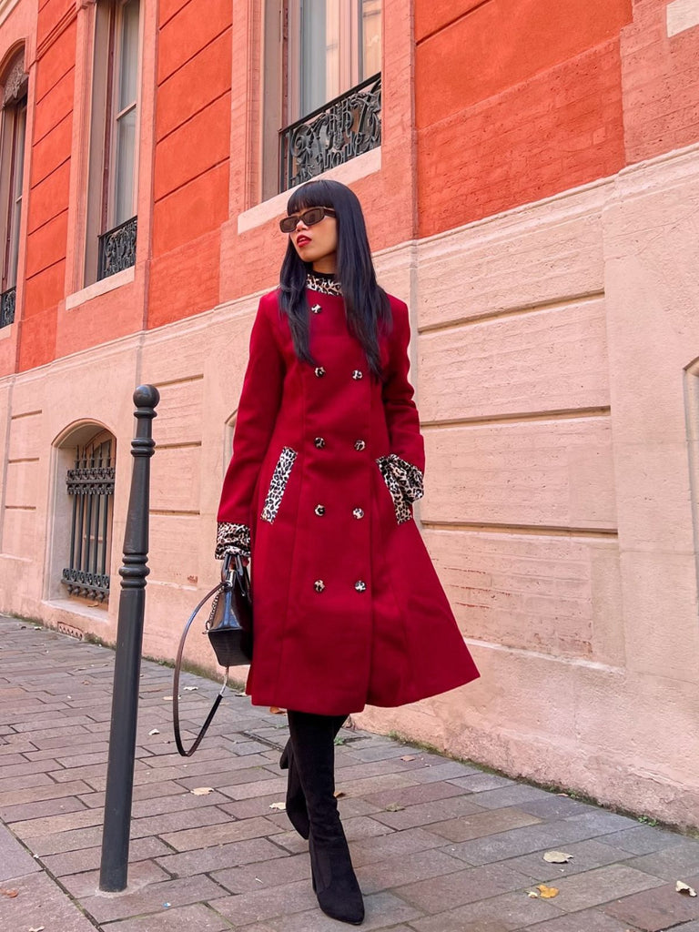 Wine Red 1950s Leopard Patchwork Button Coat