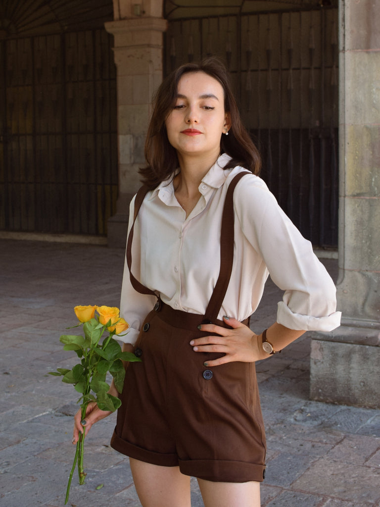 Deep Brown 1940s Buttons Overalls Shorts