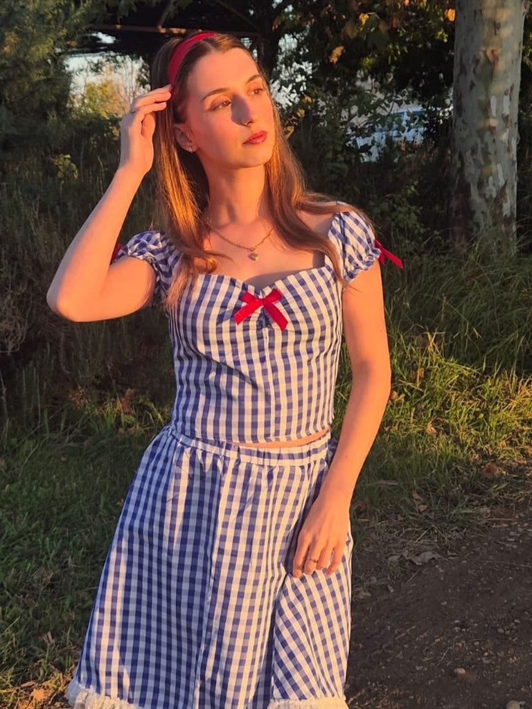 Blue & White 2PCS 1950s Plaid Top & Skirt