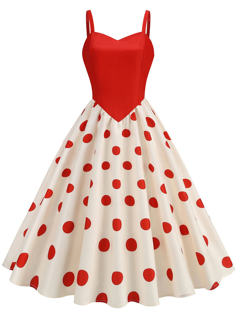 1950s Strap Patchwork Polka Dots Swing Dress