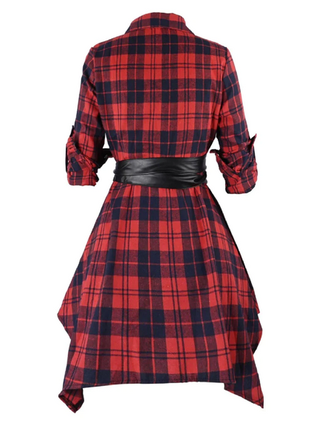 [Plus Size] 1950s 3/4 Sleeve Plaid Belt Long Tops | Retro Stage