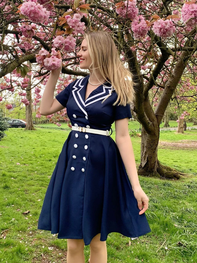 Dark Blue 1950s Sailor Style Double Breasted Dress