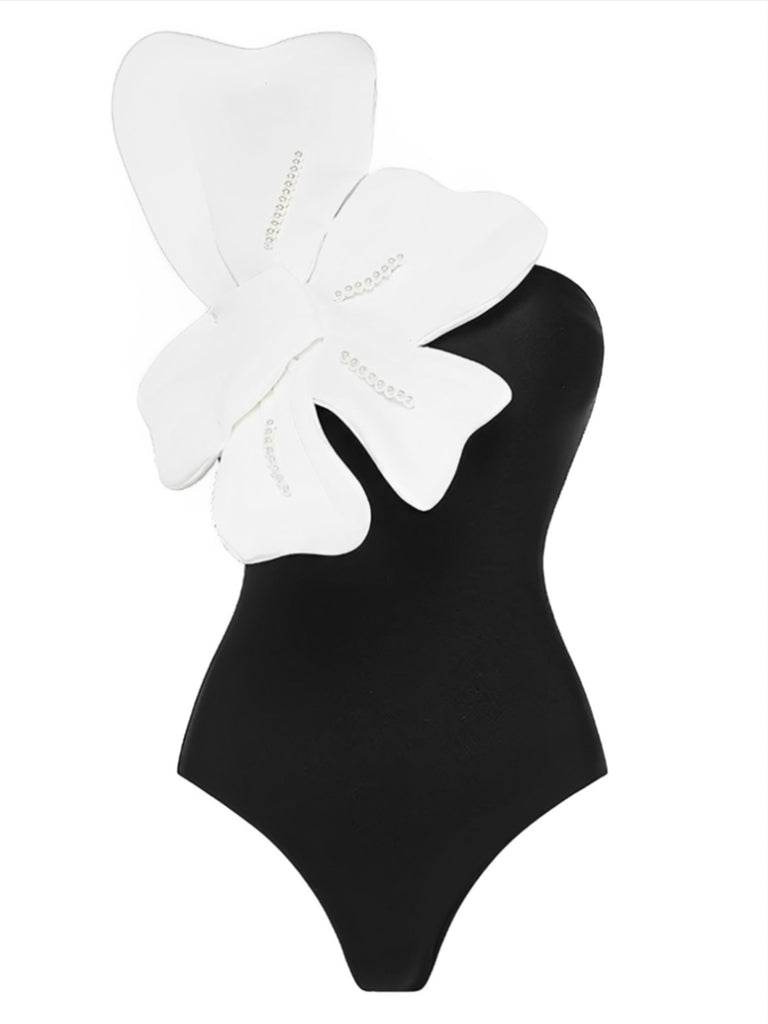 Black 1930s 3D Pearl Floral One-Piece Swimsuit