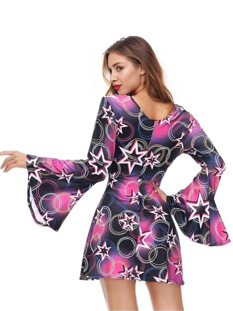 1960s Halloween Stars Disco Hippie Style Dress With Scarf