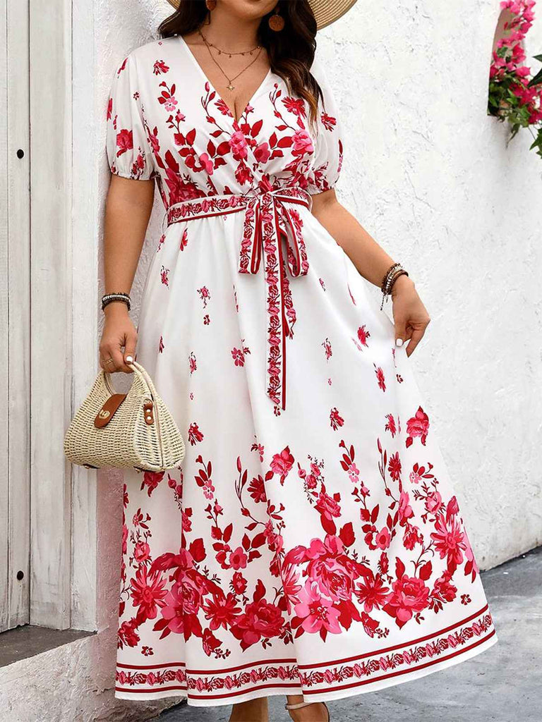 [Plus Size] White 1950s Floral Wrap V-Neck Belt Dress