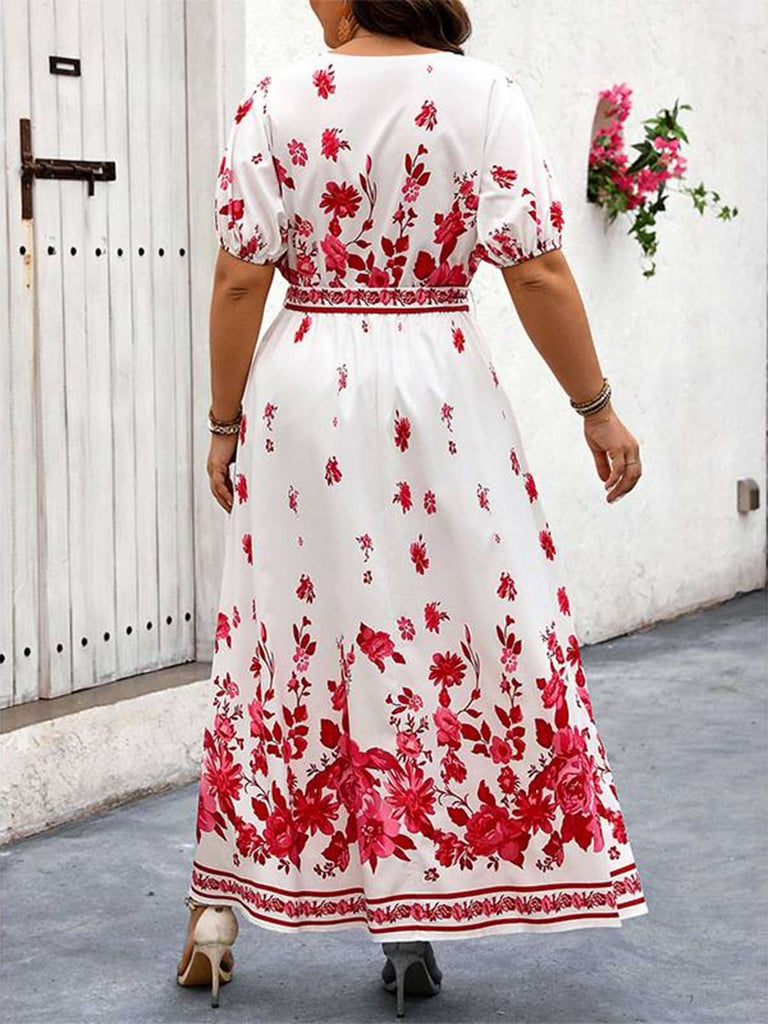 [Plus Size] White 1950s Floral Wrap V-Neck Belt Dress